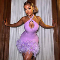 Factory Wholesale Women's Purple Halter Neck Rhinestones Feather Mini Sexy Boutique Celebrity Cocktail Party Bandage Dress