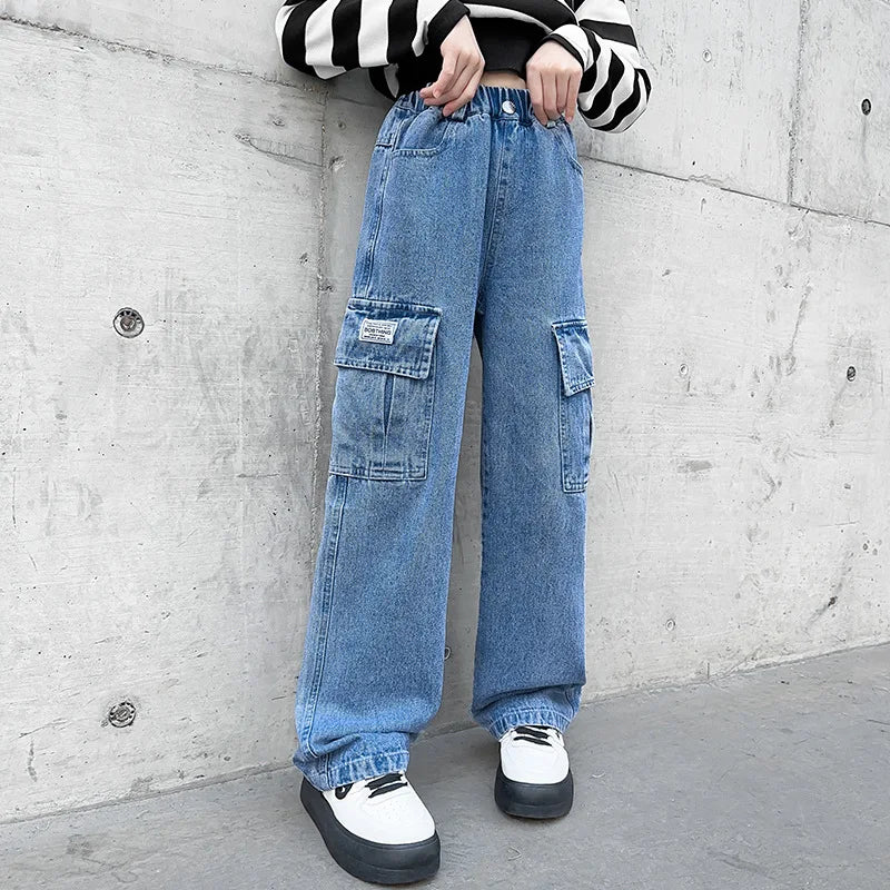 Jeans for Girls 2024 New Fashion Cartoon Printed Long Denim Trousers Teens Kids Cute Dog Pattern Wide Leg Pants 5 7 9 11 13 14Y