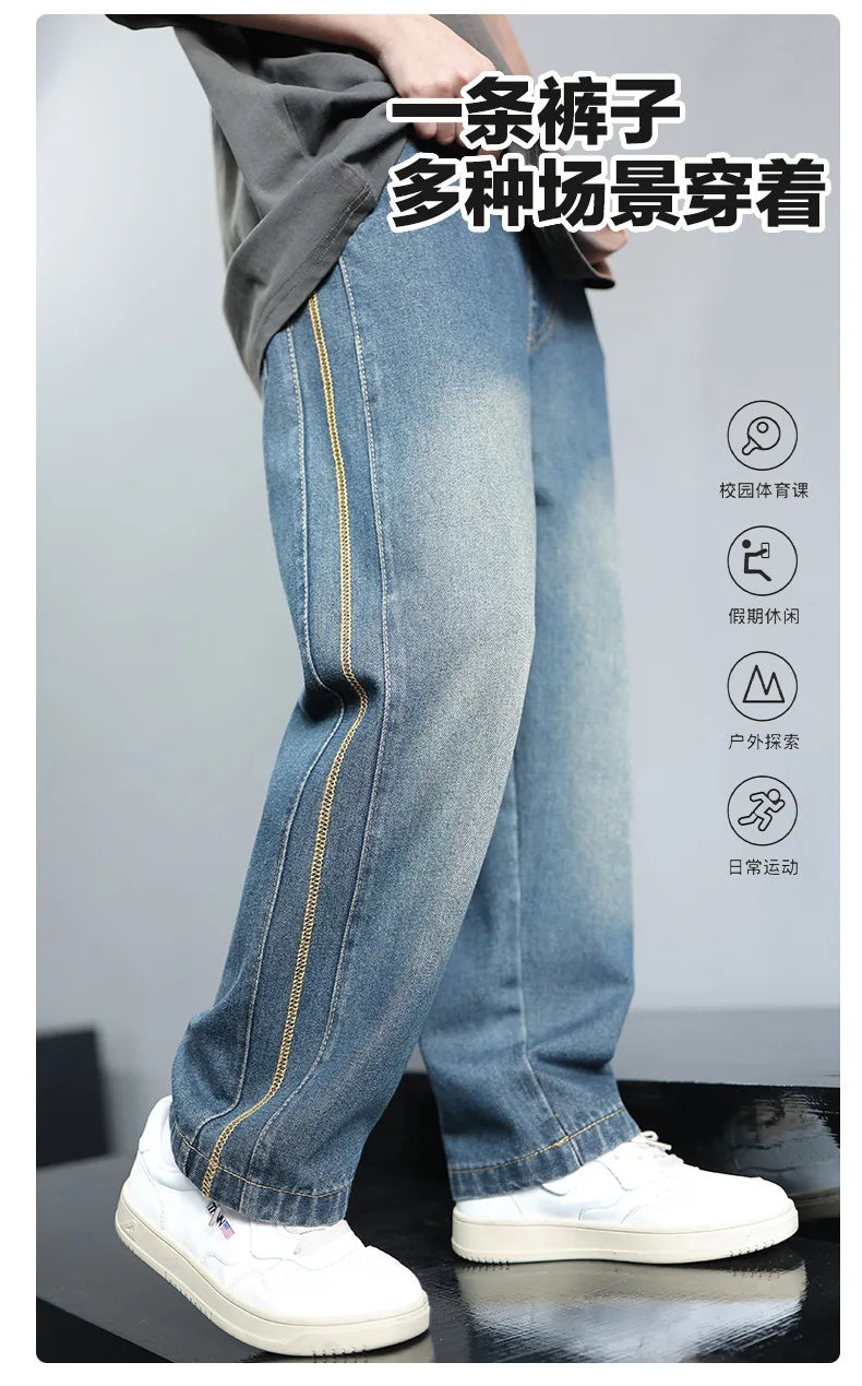 Boys Jeans 2024 Autumn&winter New Teenage Children Plus Fleece Warm Pants Boys Fried Street Handsome Pants Kids Denim Trousers