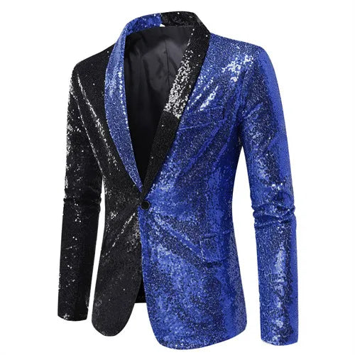 Shiny Sequin Men's Suit Jacket, Stage Performance Coat, White Silver Blue Red Purple Blazers V-neck Single Button S M L XL XXL