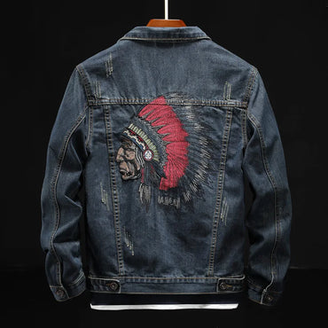 Prowow Fashion Streetwear Men Jacket Retro Blue Indian Chief Embroidery Denim Jackets Men Size M-6XL Hip Hop Punk Coats