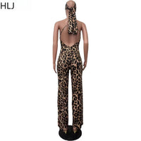 HLJ Sexy Leopard Print Bodycon Jumpsuits Women Thin Strap Sleeveless V Neck Wide Leg Pants Playsuit Female Overall With Scarf