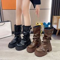 Women's Boots Brown Maillard Retro New Spring Autumn Height Increasing Comfortable Anti Slip Fashion Belt Buckle Boots 2025