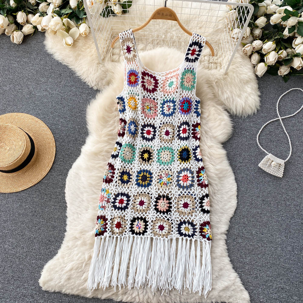 Chic Tassels Crochet Hollow Sleeveless Slip Dress Floral Bohemia Casual Beach Vacation Sundress Women Sexy Y2k Summer Vestidos