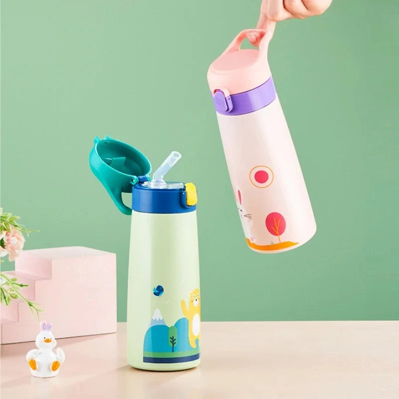 Stainless Steel Straw Insulated Cup with Box Cartoon Leak Proof Vacuum Bottle Children's Insulated Water Bottle Insulated Cup