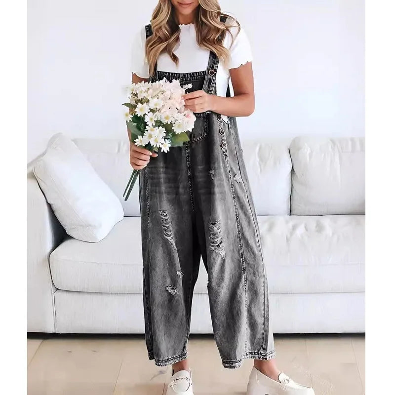 Women Denim Jumpsuits and Rompers Vintage Ripped Hole Wide Leg Jeans Overalls Ladies Casual Playsuits