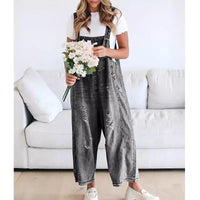 Women Denim Jumpsuits and Rompers Vintage Ripped Hole Wide Leg Jeans Overalls Ladies Casual Playsuits