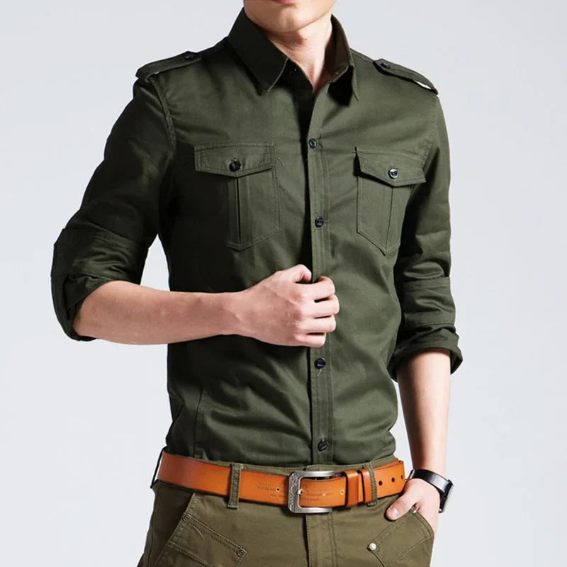 Mens Military Shirts 2025 Autumn Long Sleeve Casual Workwear Pocket Shirts Camisas Slim Solid Male Military Shirts Chemise Homme