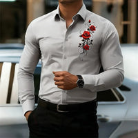Men's long-sleeved shirt, featuring a vintage red rose print design.  A stylish business casual shirt and fashionable men's top.