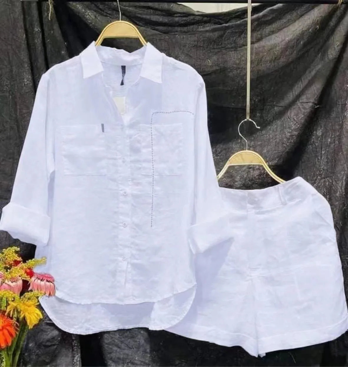 2025 Summer Cotton Linen Casual Shirt Two Piece Set For Women Shorts 2 Piece Sets Outfit Long Sleeve Short Sets Outfits Home