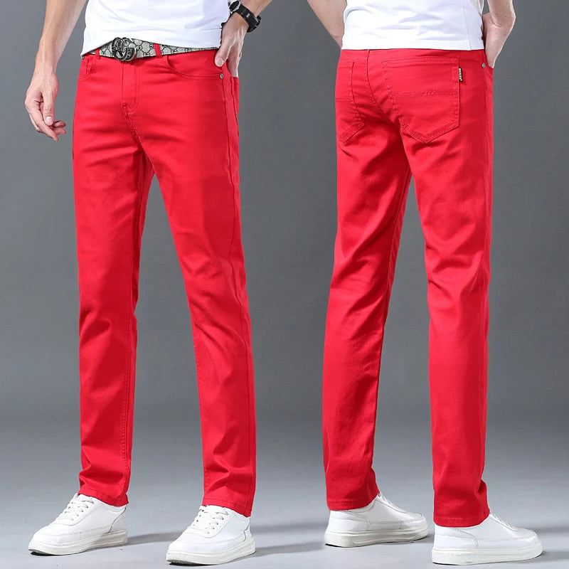 New High Quality Men's Trend Yellow Red White Jeans 2024 Spring Autumn Male High Waist Casual Pants Classic Brand Denim Trousers