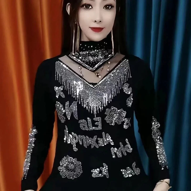 Spring Autumn New Elegant Hollow Out Half High Neck T-shirt Fashion Solid All-match Bottoming Shirt Casual Office Women Clothing