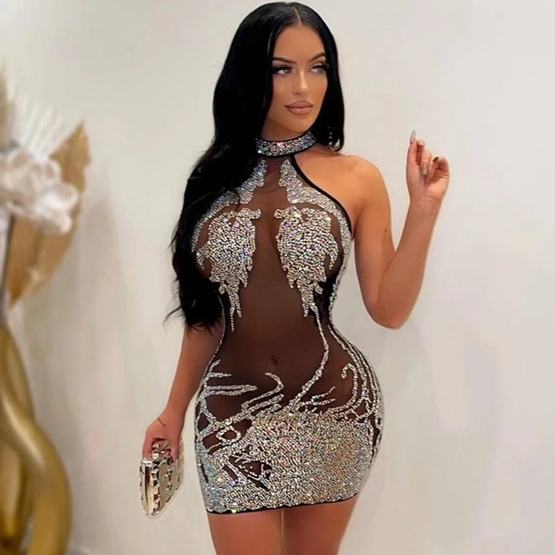 Mesh Sheer See Through Sexy Party Dress for Women Party Club Night Mini Bodycon Dress Luxury Rhinestone Sparkly Birthday Dress