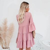 2023 Pregnant Woman Summer Clothes Sweet Short Flare Sleeve V-neck High Waist Maternity Chiffon Dress Korean Style A-line Dress