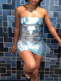 Sexy Strapless Shiny Silver Coatings Patent Leather Bodycon Dress Women Off Shoulder Skinny Mini Dress Club Party Vestidos