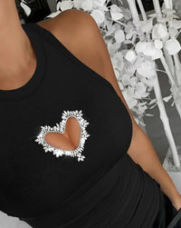 Female Clothes Casual Hollow Heart Rhinestone Tank Top Women's Fashion Skinny Round Neck Sleeveless T-Shirt