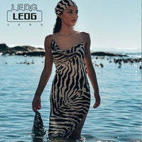 LEDP Women's Dress Y2k Elegant Beach Long Dress Women's Summer Sexy Straps Side Slit Club Party Dress Halter Zebra Sundress