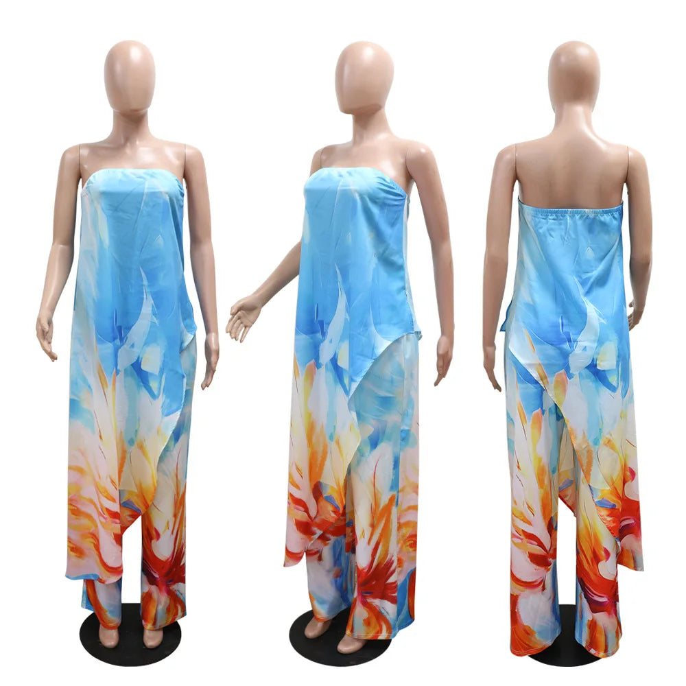 CM.YAYA Beach Holiday Print Women's Set Strapless High Low Blouse Top and Pants Suit 2025 Street Summer Two 2 Piece Sets Outfit