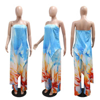 CM.YAYA Beach Holiday Print Women's Set Strapless High Low Blouse Top and Pants Suit 2025 Street Summer Two 2 Piece Sets Outfit