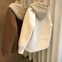 Coats Women Wool Blends Hooded Knitted Fake Two Pieces Single Breasted Coat Full Sleeve Casual Splice Jackets Autumn 2024
