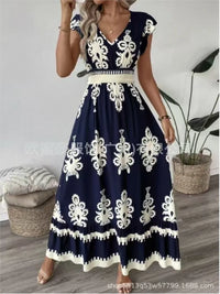 Women's Holiday Wind Beach Print Dress Summer Fashion High Waist Slim Body Casual V Neck Swing Elegant Ladies Office Long Dress