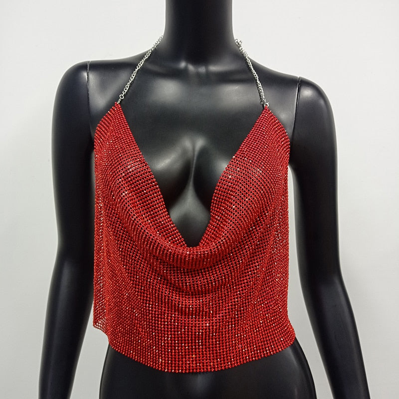 Sexy Style Backless Metal Chain Rhinestone Tank Top Spaghetti Strap Deep V Hollow Out Handmade Crystal Diamonds Vest Nightclub