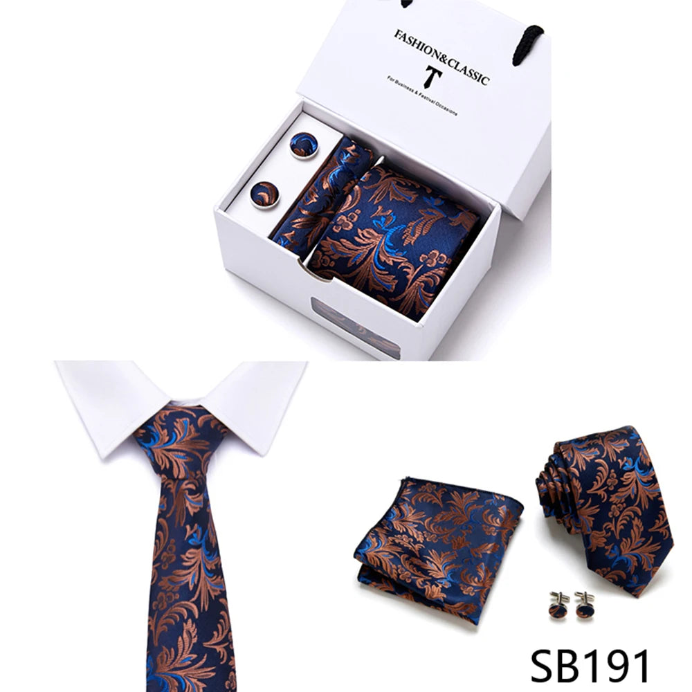 High Quality 7.5 cm Stripe Blue Tie Pocket Square Cufflinks Set For Men Gift Box Wedding Gravatas Fit Workplace