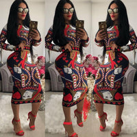 Multicolor Print Novelty Bodycon Sheath Dress Women Summer Long Sleeve Knee-Length Casual Dresses Elegant Slim Midi Robe Femme