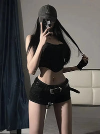 Denim Mini Shorts Women New European Style Trendy Summer Temperament Trousers Popular Button Sexy Sheath Night Club Slim Street