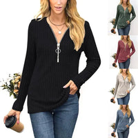 Women's Chest Zipper Pleated Long Sleeve T-Shirt Top Commute Style Iron-Free Processing Pure Color Other 100% Fabric