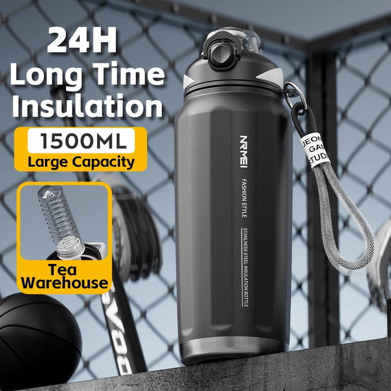 One Button Open Water Bottle with Lifting Rope, Large Capacity Stainless Steel Thermos Bottle,Outdoor Sport Vacuum Flasks