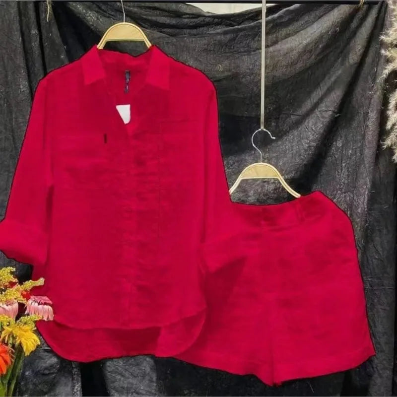 2025 Summer Cotton Linen Casual Shirt Two Piece Set For Women Shorts 2 Piece Sets Outfit Long Sleeve Short Sets Outfits Home
