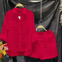 2025 Summer Cotton Linen Casual Shirt Two Piece Set For Women Shorts 2 Piece Sets Outfit Long Sleeve Short Sets Outfits Home