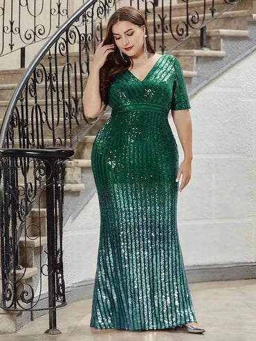 DEPDAR Plus Size Women Party Green Dresses Club Sequin V-neck Dress Female Fashion Elegant Bodycon Gowns 2023 Casual Outfit