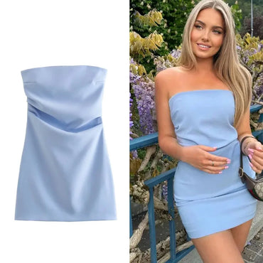 HXAO Dress Women Off Shoulder Corset Short Dresses Ruched Backless Blue Black White Dress Woman Sexy Bodycon Party Dresses