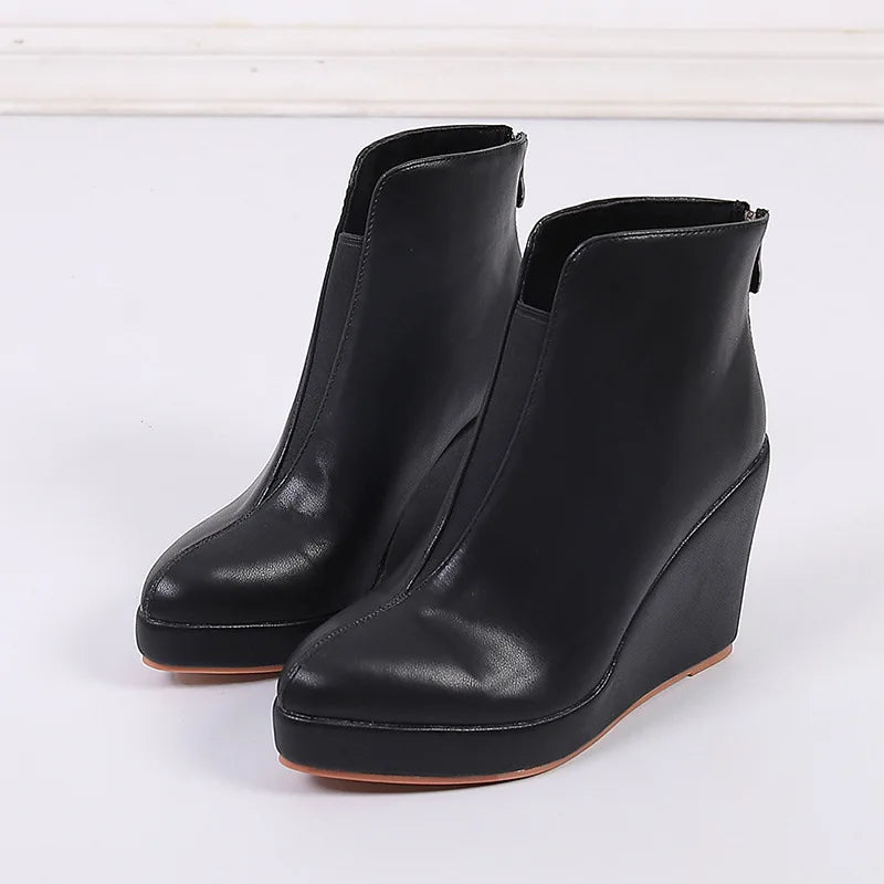 New Autumn Early Winter Shoes Women Ankle Boots Platform Fashion Ladies Wedge Heels 10cm Pure Black White Big Size 42