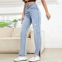 Washed Ripped Jeans Women Four Seasons New Fashion Personality To Do Old Denim High Waist Straight Comfortable Wide Leg Pants ﻿