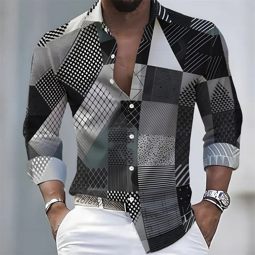 Men's Retro Color-Blocked Floral Print Long-Sleeve Shirt with Paisley Pattern Design, Casual Top for Spring and Autumn