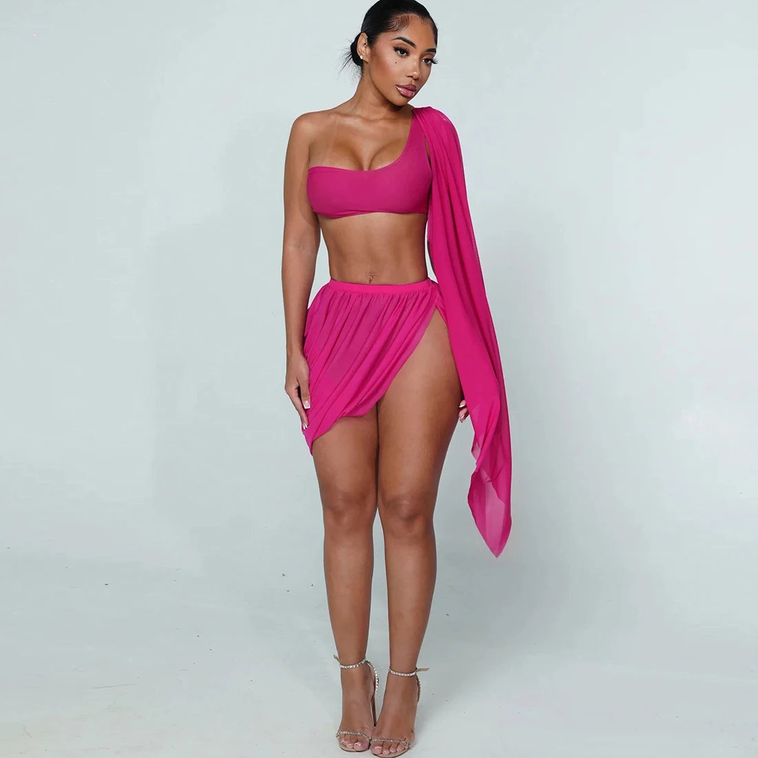 Y2K Sexy 2 Piece Set Women See Through Midnight Irregular Full Sleeve Crop Tops+Ruched Split Skirts Matching Clubwear
