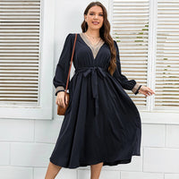 Della Mel Plus Size Women Clothing Long Sleeve Dress Urban Office V Neck Elegant Female Evening A-line Casual Party Long Dresses