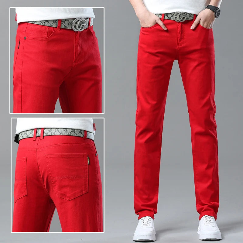 New High Quality Men's Trend Yellow Red White Jeans 2024 Spring Autumn Male High Waist Casual Pants Classic Brand Denim Trousers