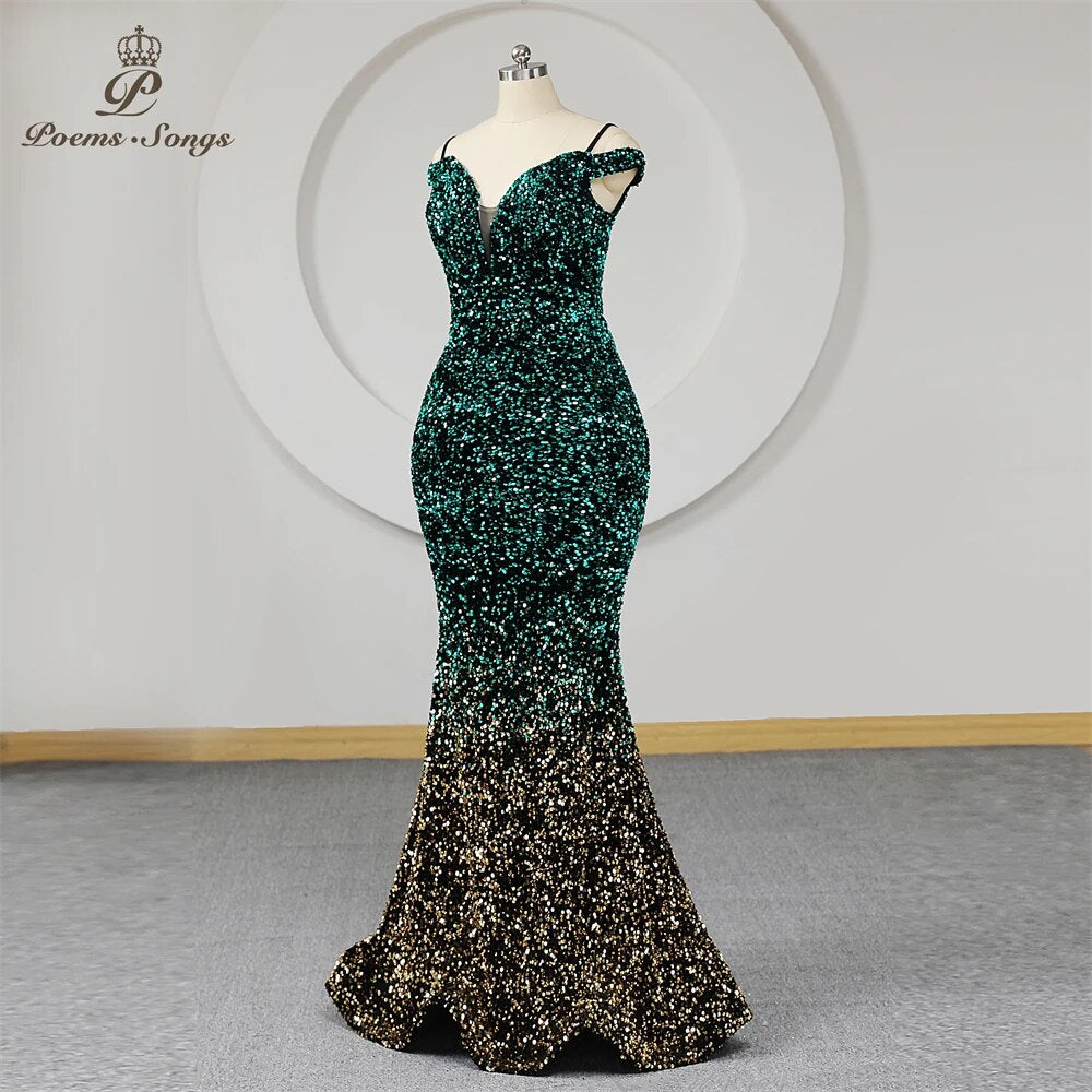 Colorful Sequins Mermaid Evening Dress Plus Size Women Spaghetti Straps Off Shoulder Long Prom Dresses Party Maxi dress