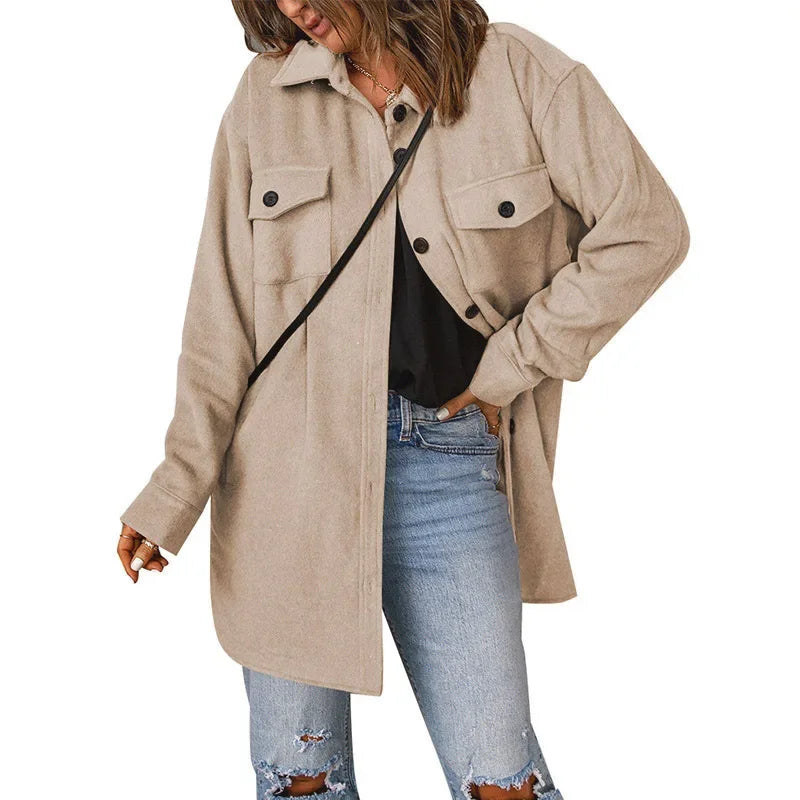 Winter Women Woolen Coat Top Elegant New 2024 Fashion Long Sleeve Turn Down Collar Single Breated Pocket Loose Jacket Outwear