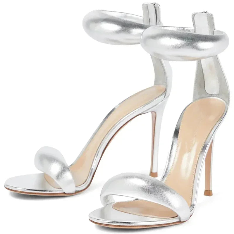 Golden open toed shoes, sexy one-piece belt, summer new high heels, women's slim heels, versatile fashion sandals