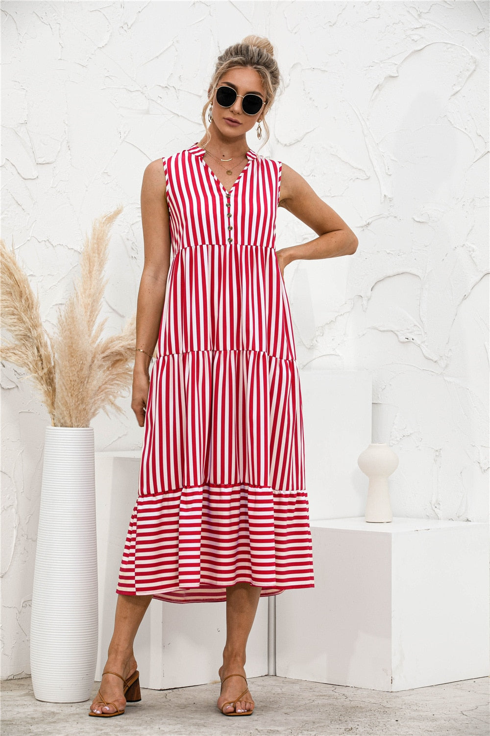 Women Elegant Striped Lantern Sleeve Summer Dress Causal V-neck Button Ruffles Midi Dress 2023 Women Beach Holiday Party Dress