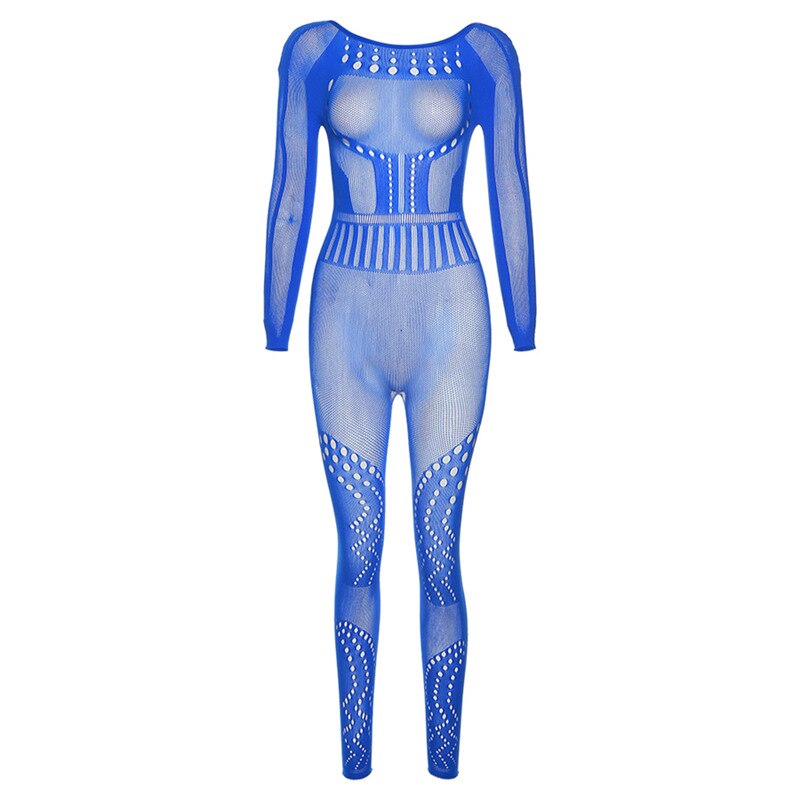 Sexy Adogirl Hollow Out Knitted Mesh Jumpsuits Women Sexy See Through Long Sleeve Overalls