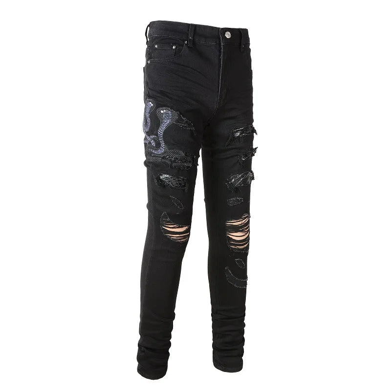 Men Snake Embroidery Jeans Skinny Tapered Stretch Denim Pants Streetwear Holes Ripped Leather Patch Patchwork Trousers Black