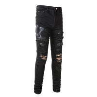 Men Snake Embroidery Jeans Skinny Tapered Stretch Denim Pants Streetwear Holes Ripped Leather Patch Patchwork Trousers Black
