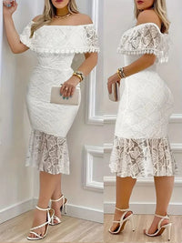 Women's White Off-Shoulder Lace Midi Dress Ruffled Neckline Flared Hem Ideal for Evening Parties Wedding Receptions