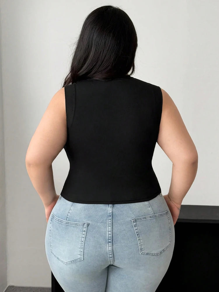 Plus Size Women's 2025 Summer New Sleeveless Round Neck Mesh See Through Sexy Mesh Splicing Black Blouse T Shirt Polyester